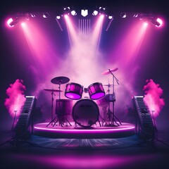 5 spot show concert stage pink lights neon lights and smoke band livestream piano bass drums details quality 4k 