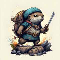 anthropomorphic otter strong adventurer backpack side bags sword climbing shoes muppet colored inks style 