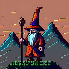 8bit pixel art wizard with a hat sprite tiles 