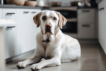 Labrador dog sits in a modern kitchen with white interior. Generative ai