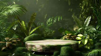 Stone platform pedestal in tropical forest for product presentation and green forest.