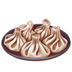 khinkali on the plate, traditional georgian dish. local caucasian dumplings. isolated colourful sketch, simple design for cafe or restraint menu