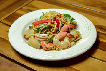 Stir-fried Spaghetti with Seafood, Stir-Fried Pasta with Kra Baow, Stir-Fried Seafood Noodles, Mixed Culture Cuisine