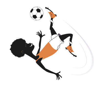 Smiling young African man playing football illustration. 
Cartoon African football player kicks a ball over the head. Isolated on white illustration
