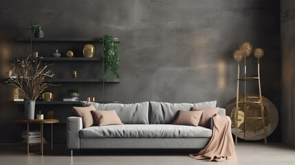 Style loft interior with gray sofa and decoration accessories on dark cement wall.