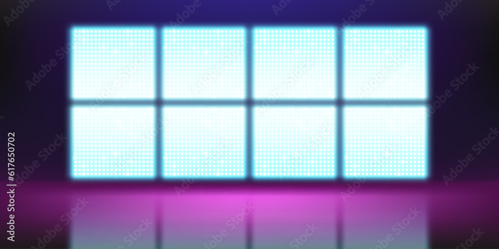 Poster defocused realistic led screen on stage. vector illustration of large lcd display grid with glowing 
