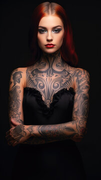 Generative AI - Unconventional Beauty: Pretty Woman with Full Tattoos, Crossing Arms with Confidence and Style