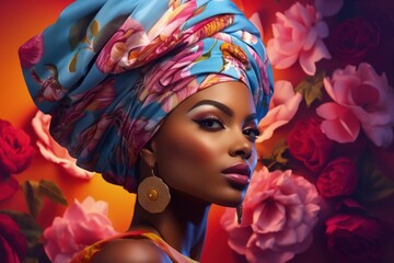 Black woman in African turban, flower background,  floral aesthetic. Natural cosmetics female model in traditional head wrap. Fashion and beauty stylish illustration made with Generative AI