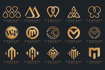 Set of letter M logo design vector. Collection of modern M letter design in gold.