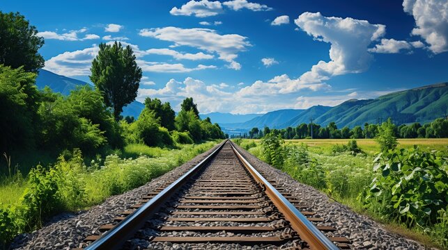 railroad tracks leading out into the grassland in the style