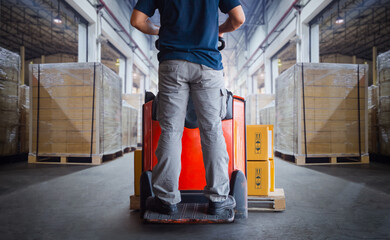 Fototapeta na wymiar Workers Driving Forklift Pallet Jack Unloading Package Boxes. Merchandise Stockpile, Supply Chain, Warehouse Supplies, Shipment Goods. Distribution Shipping Warehouse Logistic.