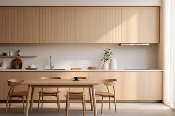Fototapeta na wymiar Interior of minimalist style kitchen with simple cupboards and modern appliances in light apartment