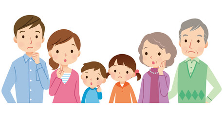 三世代家族　考える表情　家族　横並び