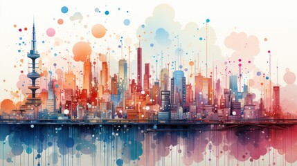 The city's architecture transforms into a mesmerizing display of abstract dot points connected by gradient lines, illustrating the harmonious union of technology. Created with Generative AI