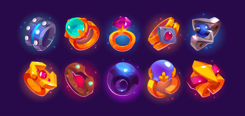 Fantasy medieval gold ring ui game icon vector. Magic royal inventory asset element with beautiful gemstone. Cartoon amulet treasure accessories set with glow and mist. Fairytale props achievements