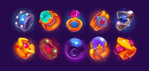 Poster Fantasy medieval gold ring ui game icon vector. Magic royal inventory asset element with beautiful gemstone. Cartoon amulet treasure accessories set with glow and mist. Fairytale props achievements © klyaksun