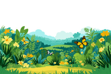 Green landscape with butterflies and plants on the grass, nature-based pattern vector illustration