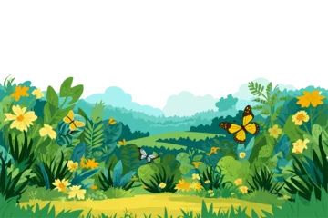 Poster Green landscape with butterflies and plants on the grass, nature-based pattern vector illustration © SachiDesigns