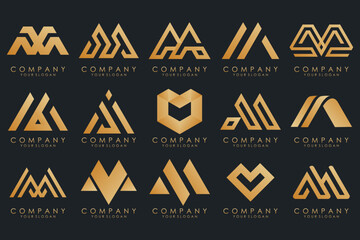 Set of letter M logo design vector. Collection of modern M letter design in gold.