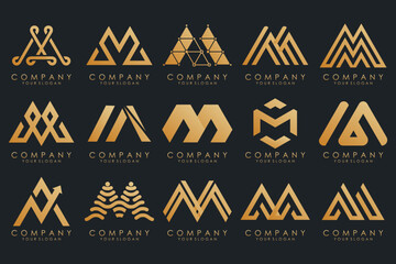 Set of letter M logo design vector. Collection of modern M letter design in gold.