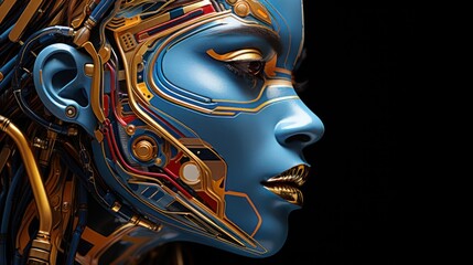 A side view of a humanoid head reveals its captivating blue and yellow eyes, brimming with intelligence.  Futuristic technology and artificial intelligence. Created with Generative AI