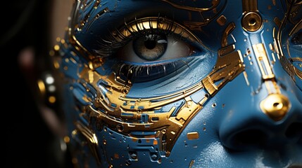 A side view of a humanoid head reveals its captivating blue and yellow eyes, brimming with intelligence.  Futuristic technology and artificial intelligence. Created with Generative AI