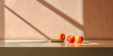 Wooden table and sun light shadow copy space blurred background, AI Generateand