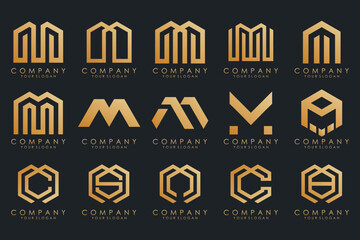 Set of letter M logo design vector. Collection of modern M letter design in gold.