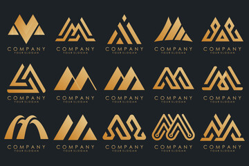 Set of letter M logo design vector. Collection of modern M letter design in gold.