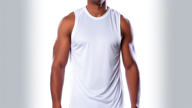 Muscular man with white tank top mockup on white background.