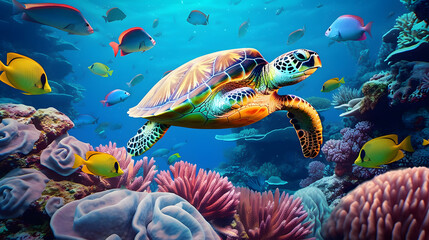 Obraz na płótnie Canvas turtle with group of colorful fish and sea animals with colorful coral underwater in ocean,