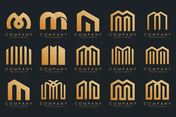 Set of letter M logo design vector. Collection of modern M letter design in gold.