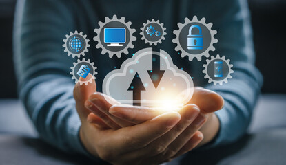 Big data analytics and business intelligence with chart and graph icons, cloud technology, Data storage, network, Internet, server services, online, system for sharing download and upload big data