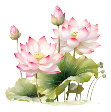 Watercolor illustration painting of leafs and lotus isolated.