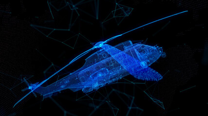 Military helicopter flying with action video camera on dark blue. Polygonal low poly background with connecting dots and lines © mirexon