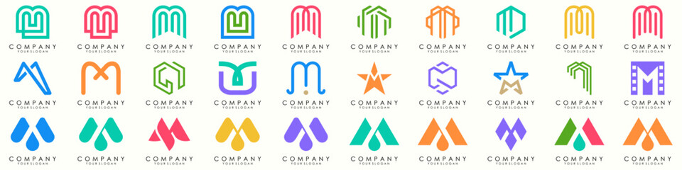 Set of letter M logo design vector. Collection of modern M letter design in colorful.