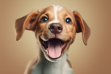 Portrait of puppy with shocked smiling face, funny face, close up photo on a colored background. Made with Generative AI