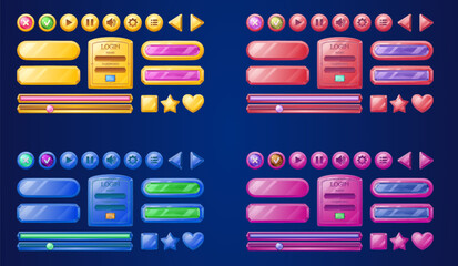 Play game interface button ui icon vector design. Cartoon frame for video music player app. Gui user board elements for navigation in pink, blue and gold. Signboard asset with gem for website banner © klyaksun