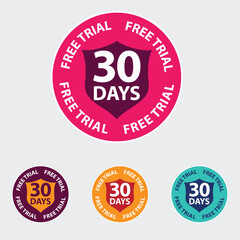 30 days Free Trail Pictogram icon, symbol, seal, badge,stamp, emble, logo, sign, packaging, try, 1 Month Free trial, marketing, business, promotion, sale, online shoping, tag, special offer.