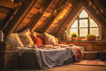 Fototapeta na wymiar an interior of attic room with a sweet, cozy and cute color