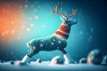 Christmas deer on the background of a winter landscape. Generative AI
