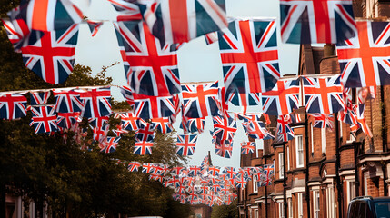Fototapeta na wymiar Union Jack flags hanging at the street ready to national holiday celebration