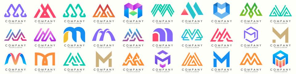 Set of letter M logo design vector. Collection of modern M letter design in colorful.