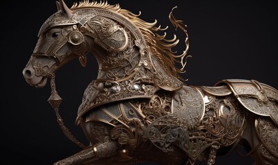 Fototapeta na wymiar The majestic anthropomorphic horse gallops fearlessly, adorned in shining military armor. Creating using generative AI tools