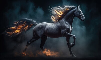 Obraz na płótnie Canvas A magnificent fiery horse gallops boldly on a black backdrop. Creating using generative AI tools