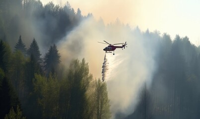 Fototapeta na wymiar The forest fire's spread is slowed by the helicopter's water drops Creating using generative AI tools