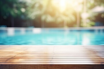 Abstract pool ambiance. Blurred pool background with wooden table for product showcase