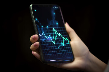 Close up of female hand holding cellphone with abstract growing blue business chart with arrow on dark grid background. Business development to success and plan concept with Generative AI technology.