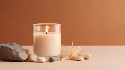 Vanilla burning candle on beige background. Warm aesthetic composition with stones and dry flowers. Home comfort, spa, relax and wellness concept. Interior decoration