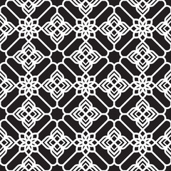 Oriental floral arabesque abstract seamless pattern. Vector geometric traditional folk ornament. Ethnic seamless pattern. Minimal ornamental background with abstract shapes. Black and white texture.